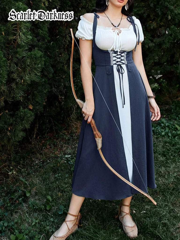Women Renaissance Vest Dress Lace-up Cover-up Dress with Pocket SCARLET DARKNESS