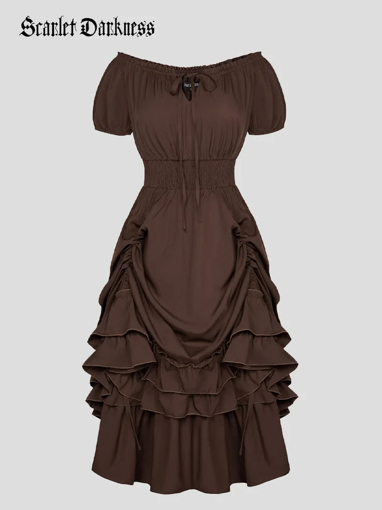 Women Steampunk Off Shoulder High Lo Midi Dress SCARLET DARKNESS