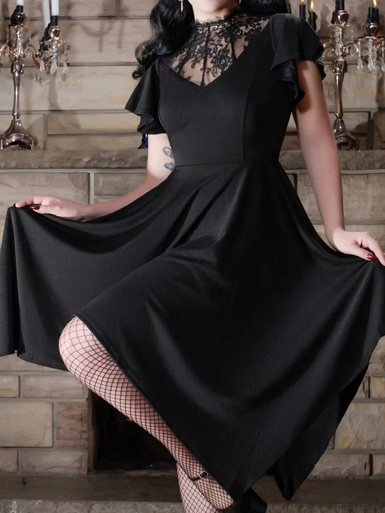 Gothic Lace Patchwork Flounce Sleeves Irregular Hem Dress Scarlet Darkness