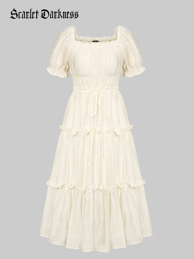 Women Victorian Tiered Dress Square Neck Pleated Midi Dress SCARLET DARKNESS
