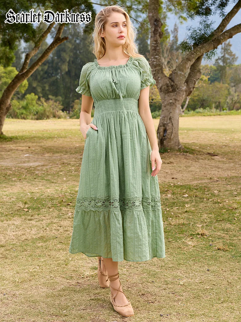Renaissance Cotton Dress Short Sleeve Off Shoulder Flared A-Line Dress SCARLET DARKNESS