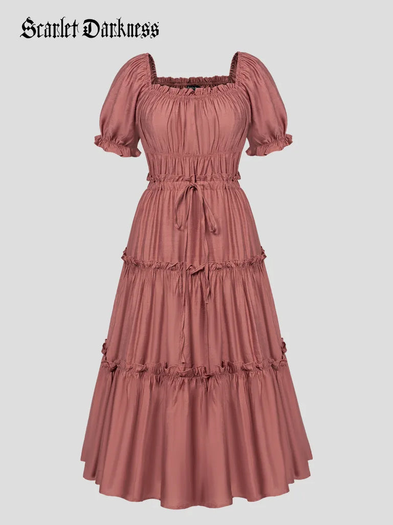 Women Victorian Tiered Dress Square Neck Pleated Midi Dress SCARLET DARKNESS