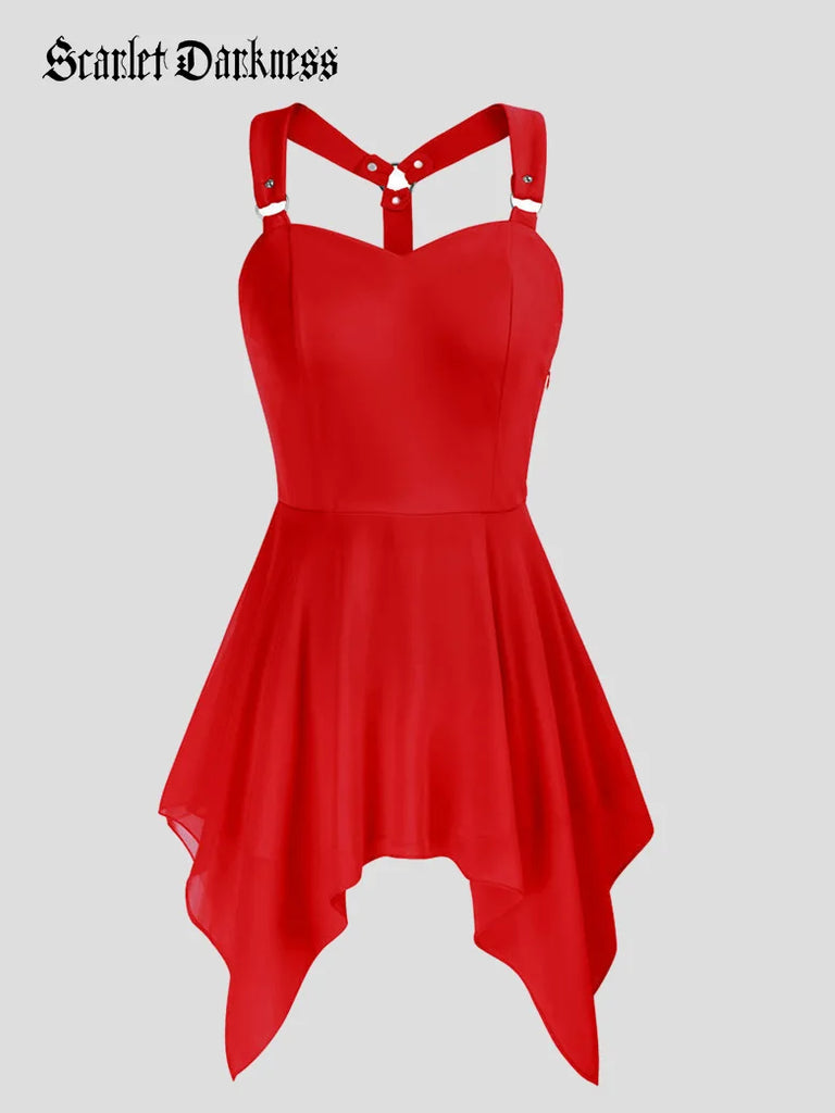 Sweetheart Neck Patchwork Irregular Hem Top Dress Scarlet Darkness