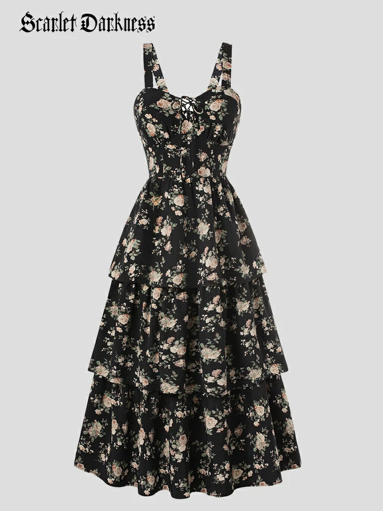 Scarlet Darkness Summer Night Floral Wedding Guest Dress Scarlet Darkness Summer Night Floral Wedding Guest Dress