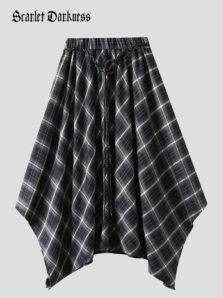 Scarlet Darkness 2025 Retro Plaid Irregular Midi Skirt with Tie Blue 66-92cm 86cm