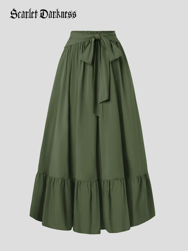 Scarlet Darkness Women Renaissance Tiered Swing Pockets Skirt Dark green