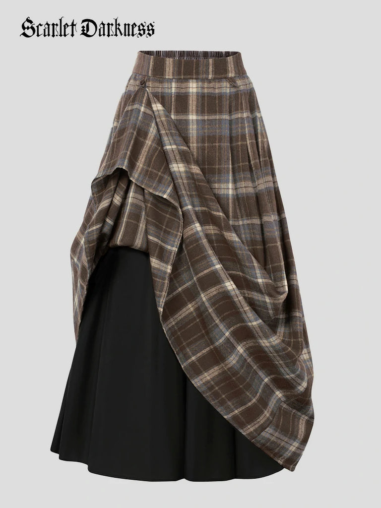 Scarlet Darkness Renaissance Plaided Buckle up Maxi Skirt Brown