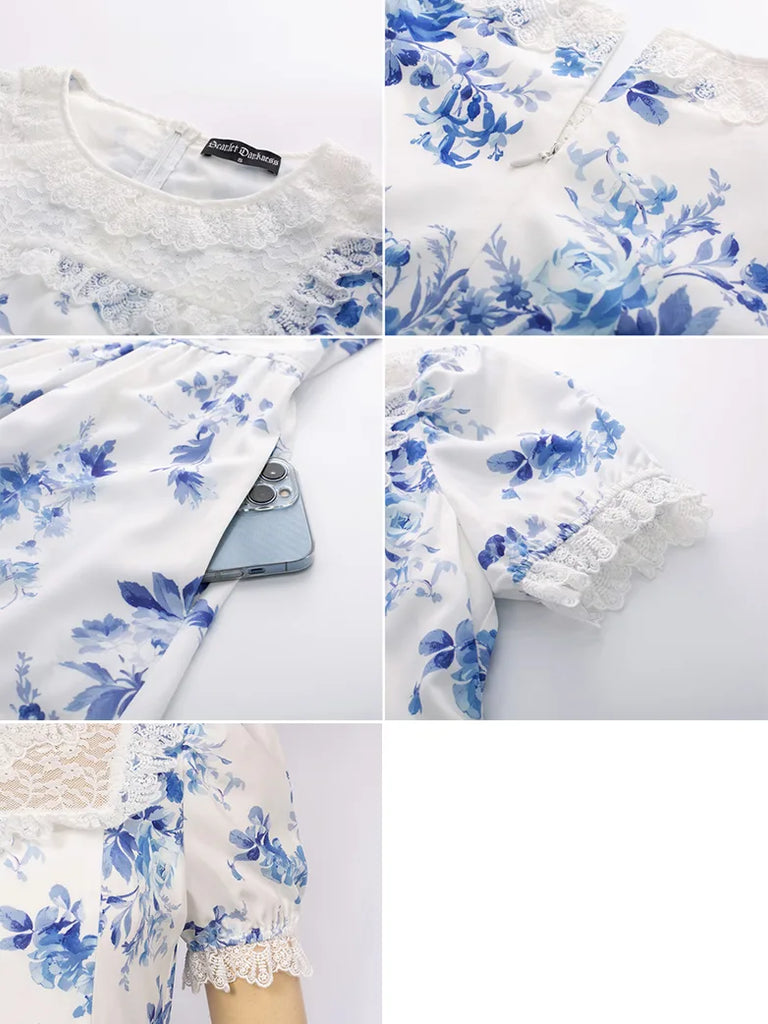 Floral Lace Patchwork Dress Elastic Waist Pocket Midi Dress SCARLET DARKNESS
