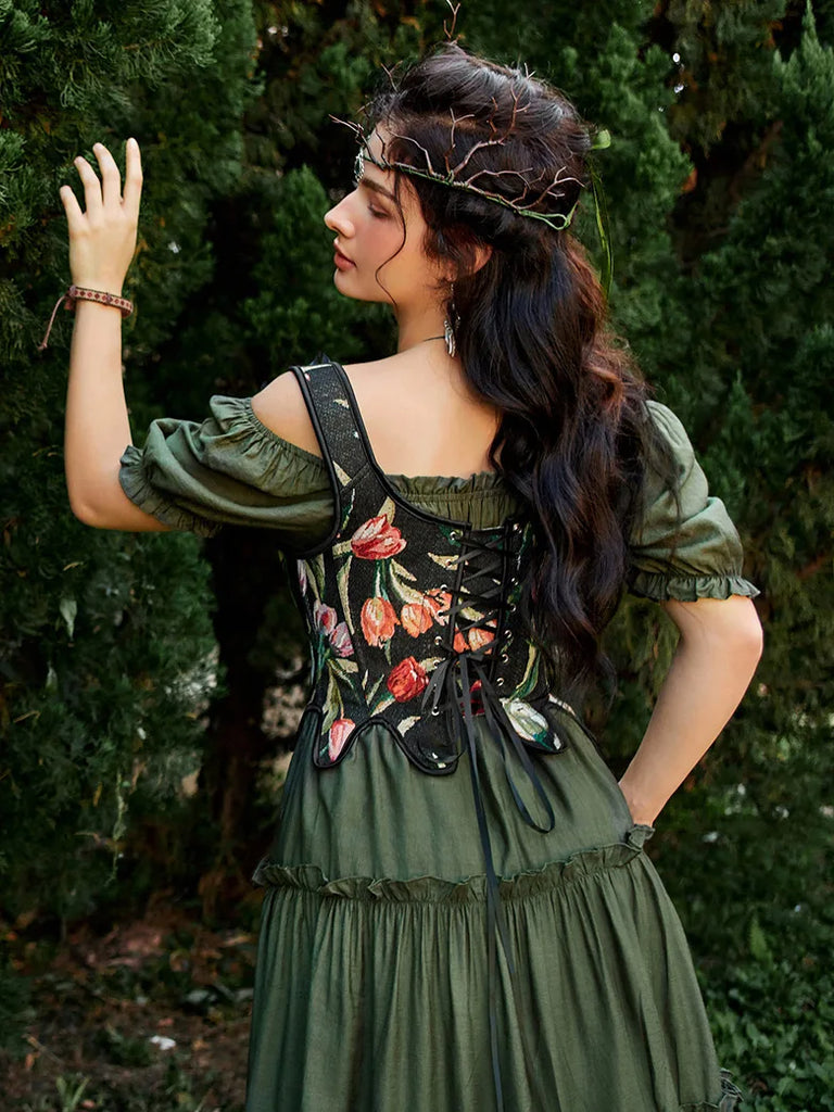 Fairy Cottagecore Corset Renaissance Lace-up Irregular Hem Vest SCARLET DARKNESS