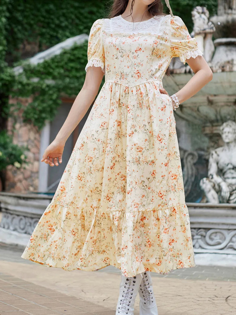 Floral Lace Patchwork Dress Elastic Waist Pocket Midi Dress SCARLET DARKNESS