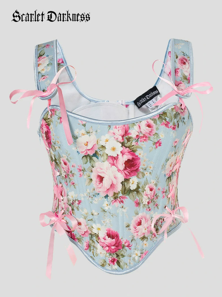 Scarlet Darkness Renaissance Lace-up Corset Top with Hand-drawn Patterns Light blue