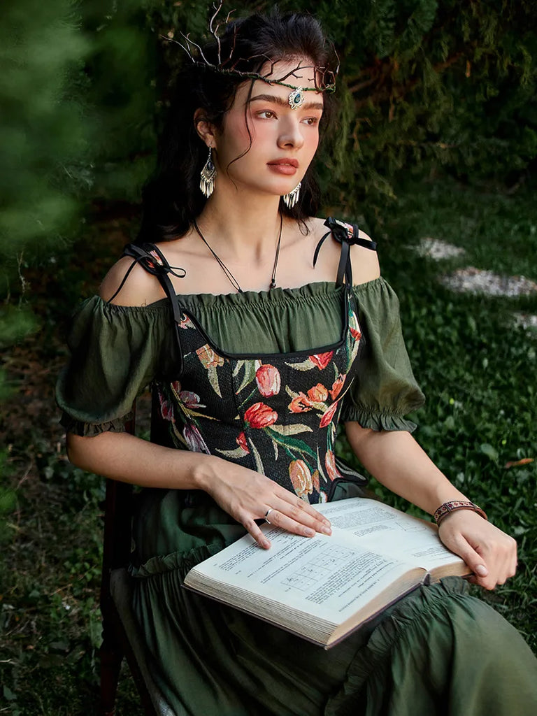 Fairy Cottagecore Corset Renaissance Lace-up Irregular Hem Vest SCARLET DARKNESS