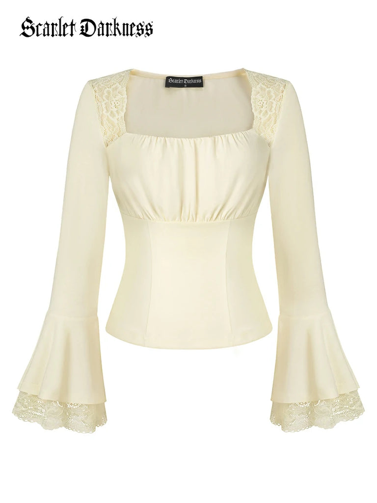 Scarlet Darkness Women 2025 Halloween Victorian Long Sleeve Shirts Apricot