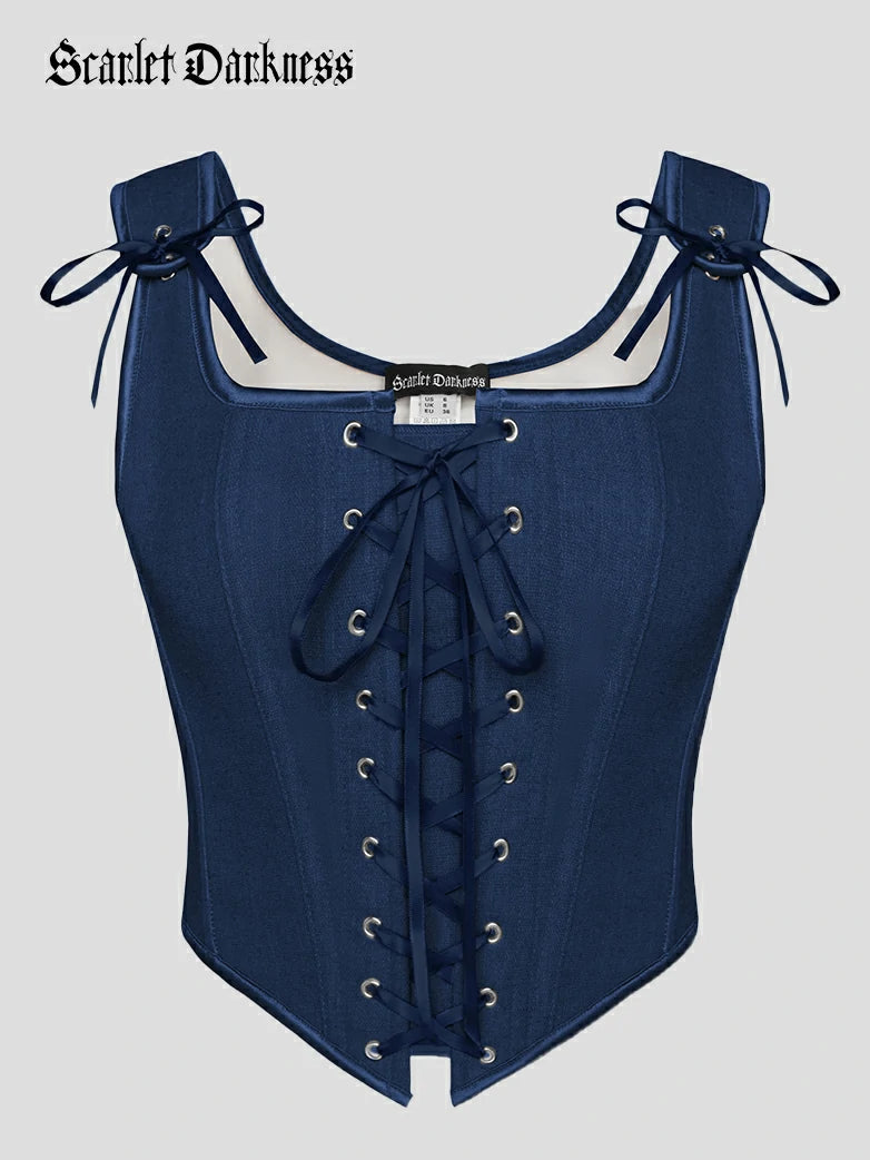 Corsetto SCARLET DARKNESS Stile Rinascimentale - Scollo A U, Allacciatura, Perfetto Per L'Autunno - Blu Scuro, Taglia 44