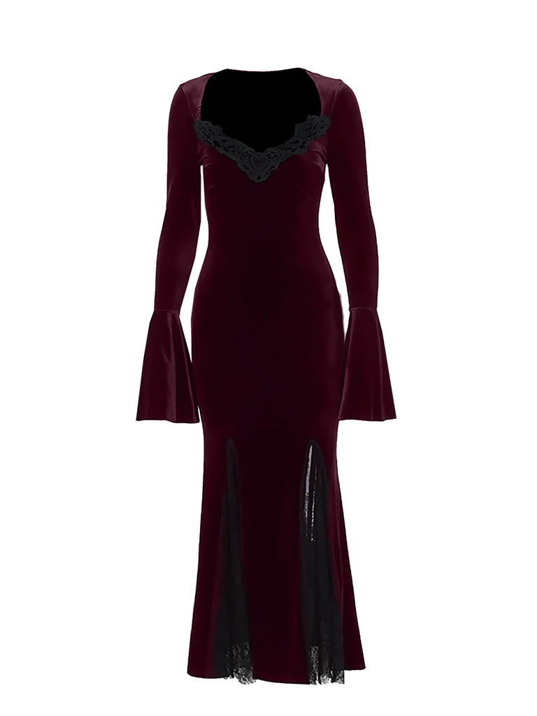 Gothic Wine Gown Velvet Bell-sleeved Lace Rose Patch Bodycon Dress SCARLET DARKNESS