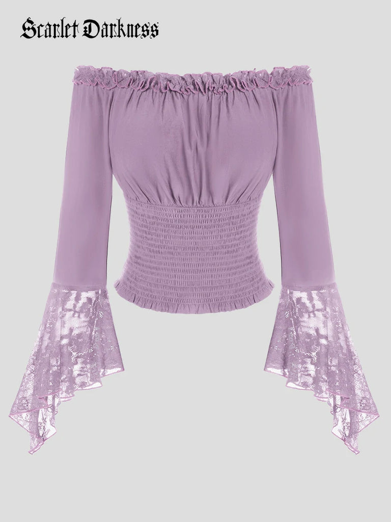 Scarlet Darkness Women Off Shoulder Wide Lace Sleeves Pullover Tops Purple