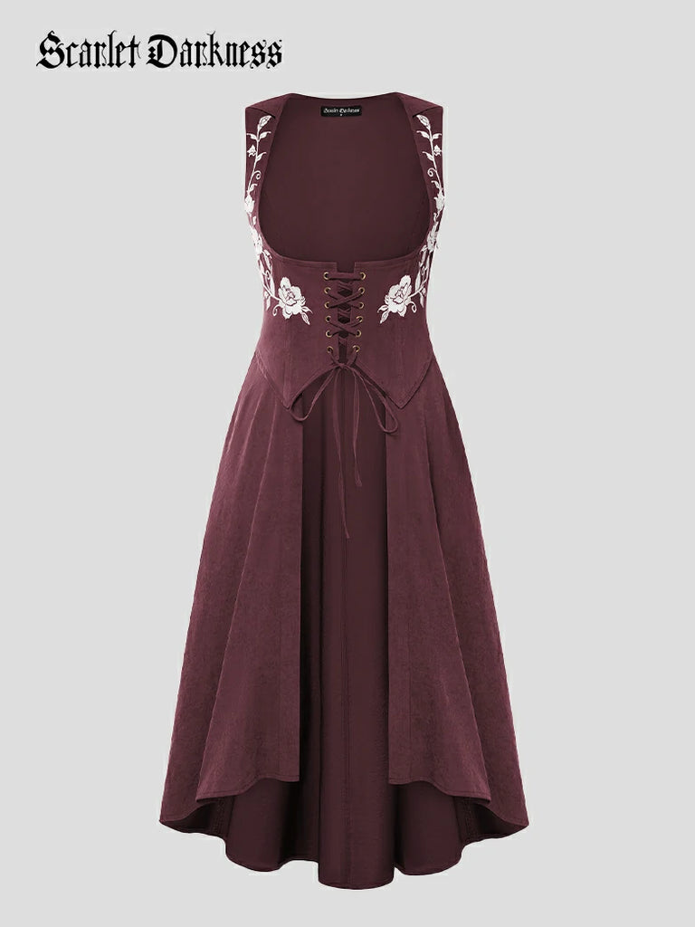 Scarlet Darkness Renaissance Warrior Rose-embroidered Hooded Vest Dress