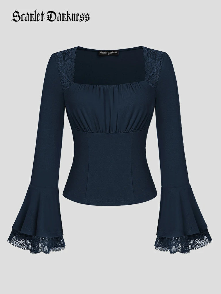 Scarlet Darkness Women 2025 Halloween Victorian Long Sleeve Shirts Blue