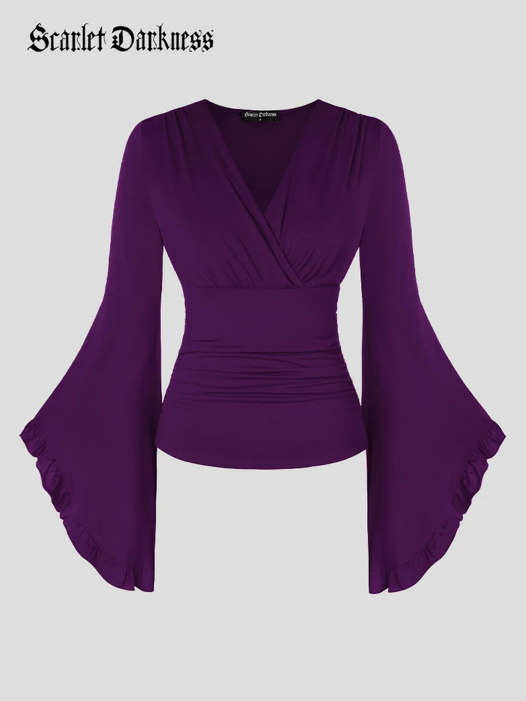 Scarlet Darkness Women Comfy Long Sleeve Surplice Witch Tops Purple