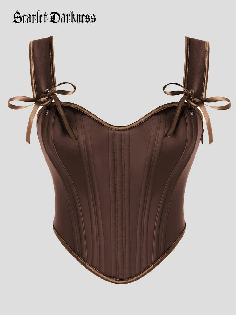 Scarlet Darkness Renaissance Satin Corset Bustier Lace-up Top Brown