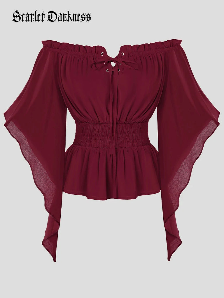 Scarlet Darkness Renaissance Flowing Off-Shoulder Witch Tops Red