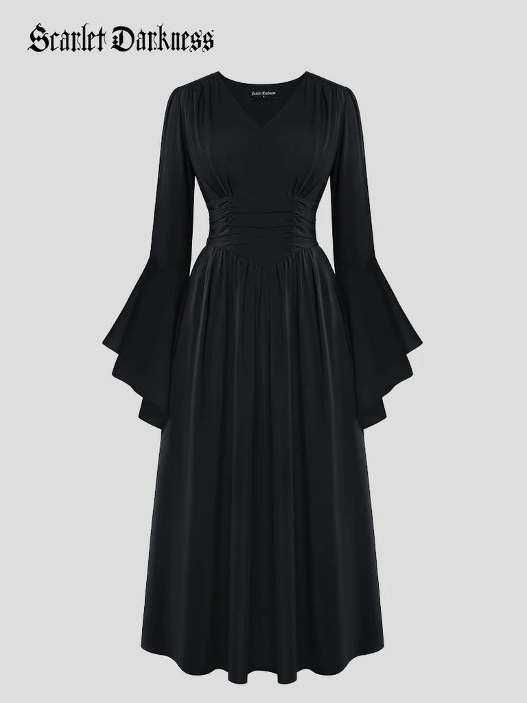 Scarlet Darkness Renaissance Fairy Elastic Waist Maxi Dress with Pockets Black