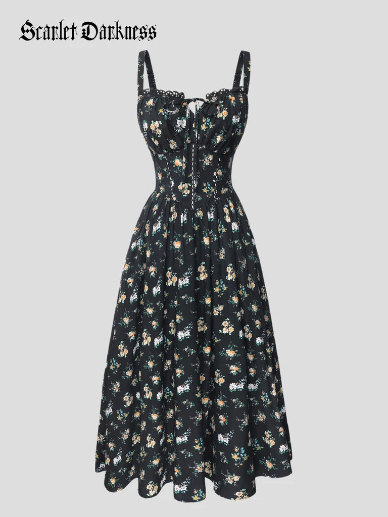 Scarlet Darkness Spring Victorian Floral Pockets Milkmaid Corset Dress