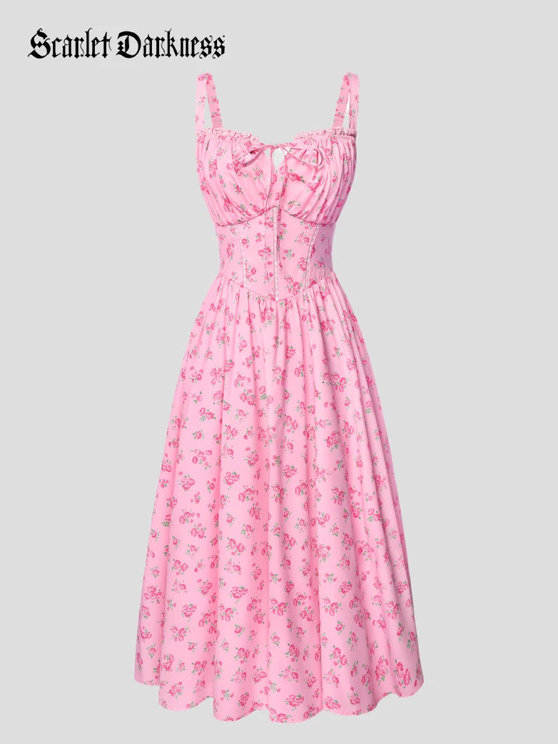 hot pink milkmaid dress Scarlet Darkness Spring Victorian Floral Pockets Milkmaid Corset Dress