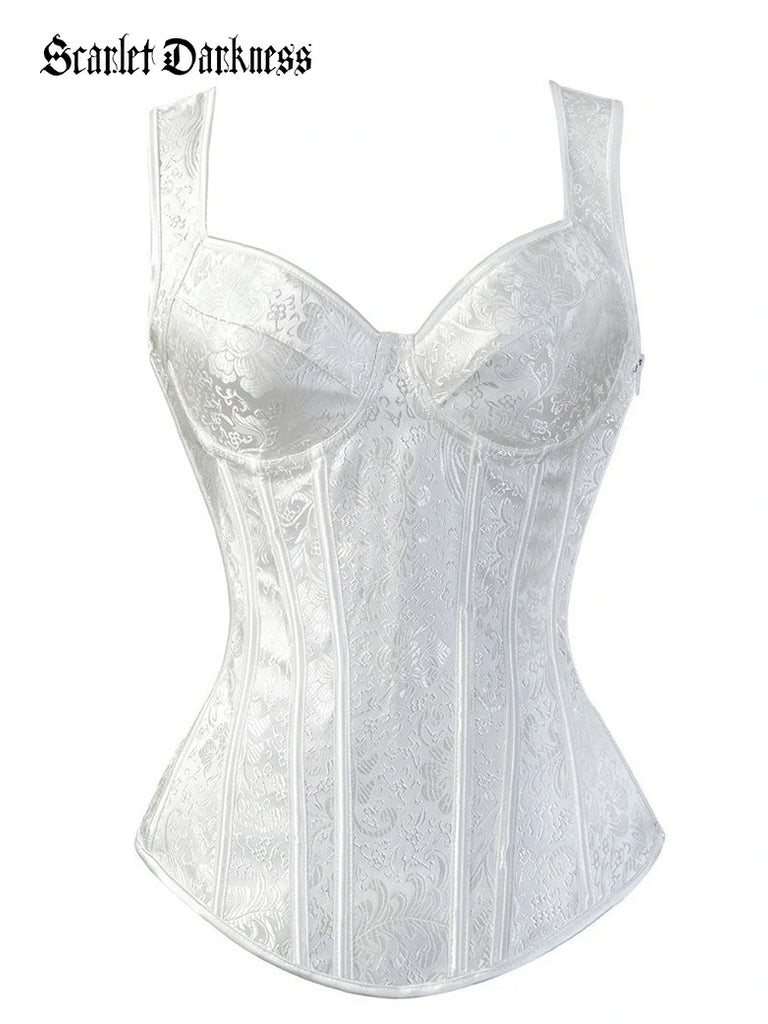Scarlet Darkness Victorian Vintage Jacquard Wide Strap Witch Corset White
