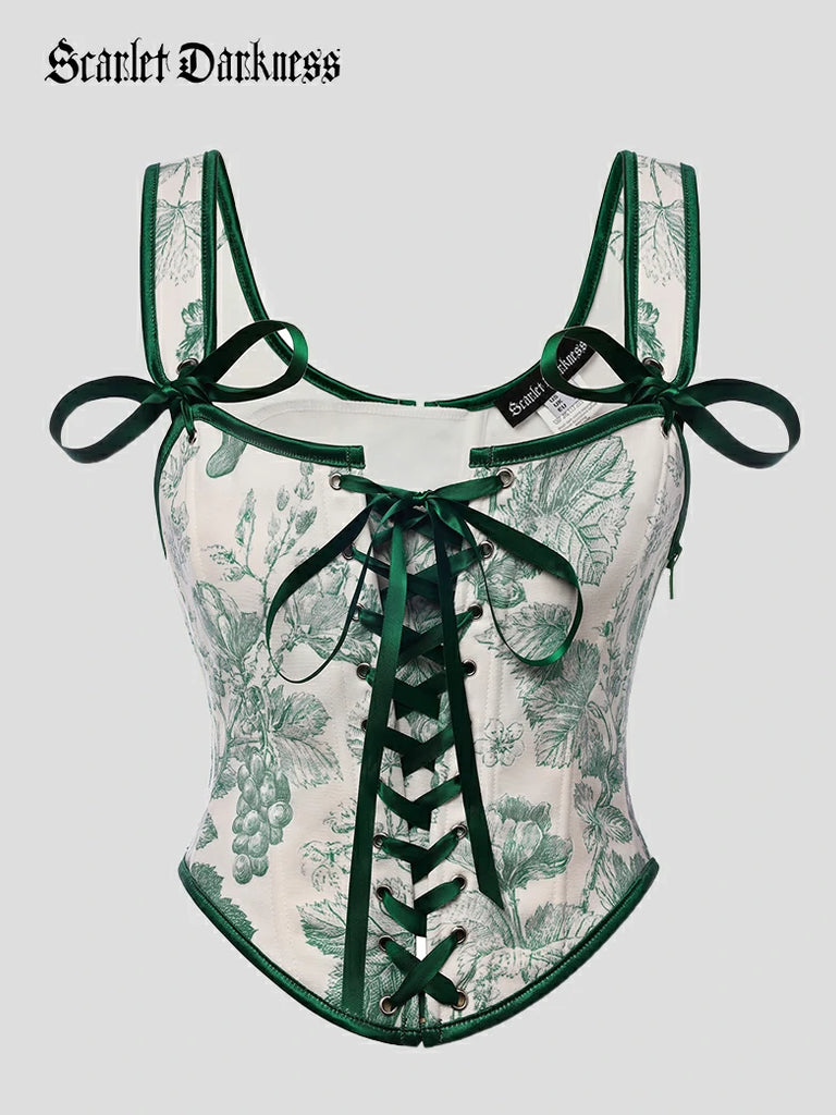 Scarlet Darkness 2026 Botanical Rebirth Renaissance Floral Boned Corset Top Green