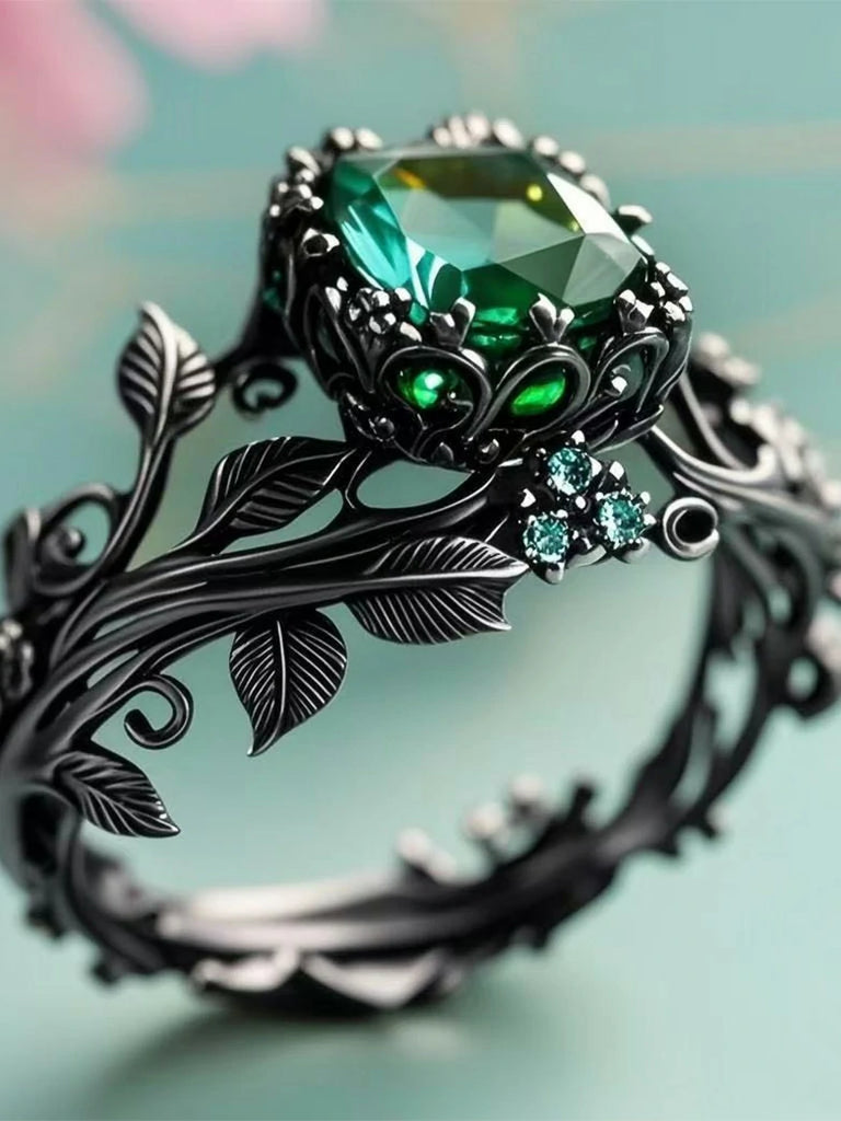 Scarlet Darkness Green Crystal Thorn Leaf Totem Ring Black