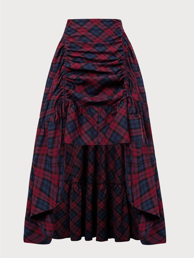 Women Cotton Plaid Skirt Length Adjustable Maxi Skirt SCARLET DARKNESS