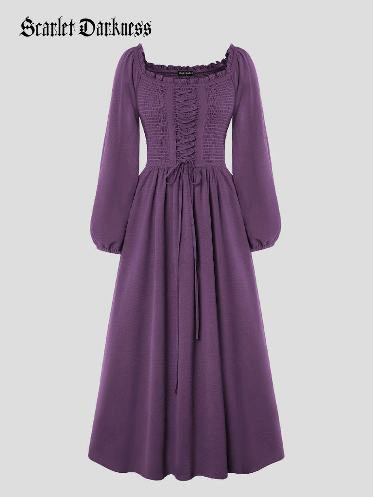 Scarlet Darkness Renaissance Elastic Waist Cross Straps Pockets Dress Purple