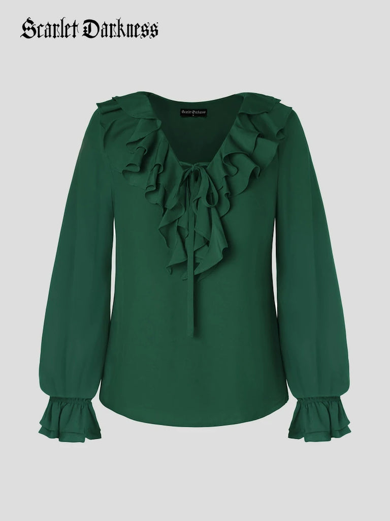 Scarlet Darkness Renaissance Ruffle Decorated Tops Pirate Shirts Green