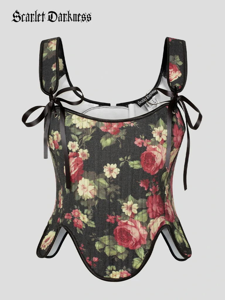 Scarlet Darkness Victorian Fairy Cottagecore Corset Lace-up Vest Flower