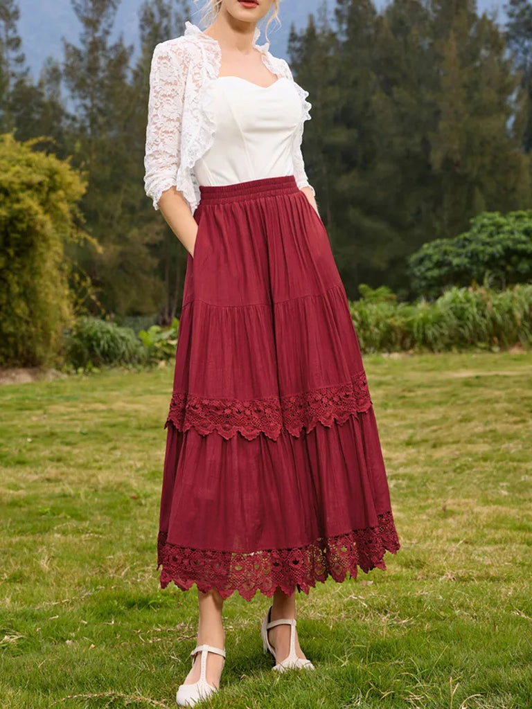 Tiered Skirt Lace Hem Elastic Waist A-Line Skirt SCARLET DARKNESS