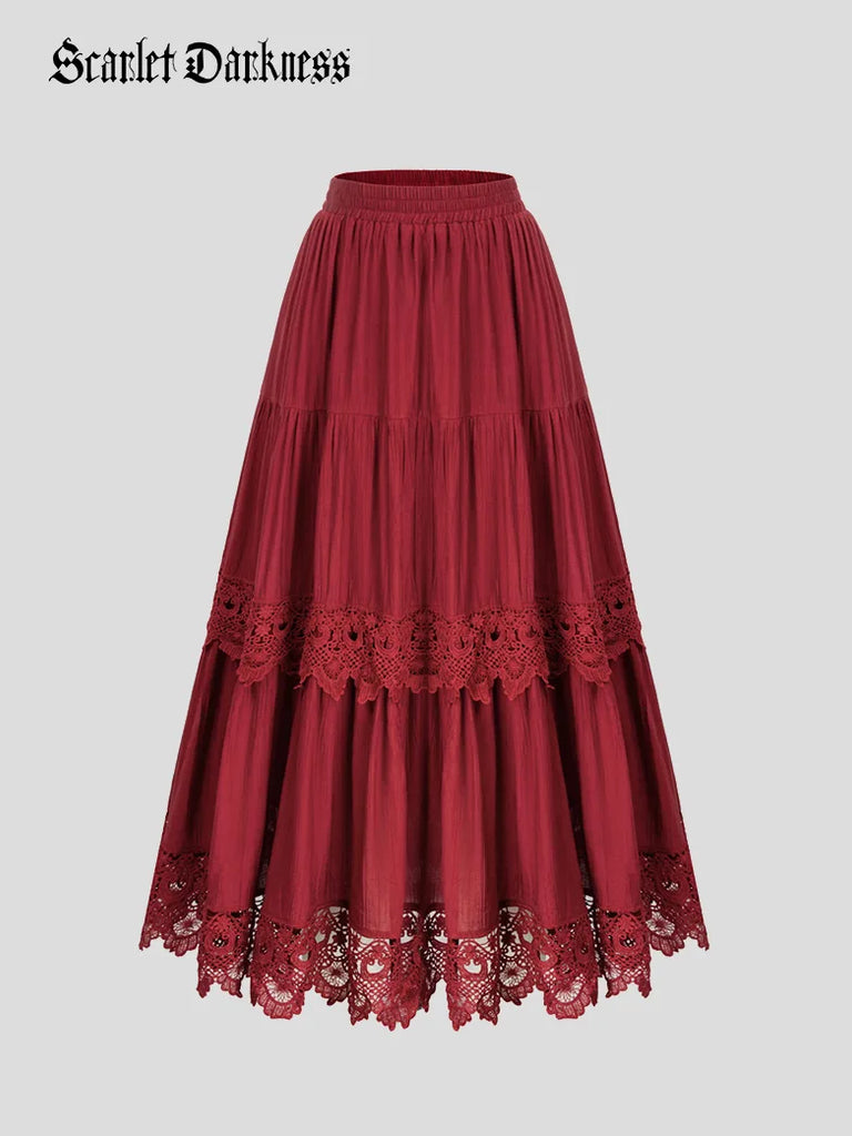 Tiered Skirt Lace Hem Elastic Waist A-Line Skirt Scarlet Darkness