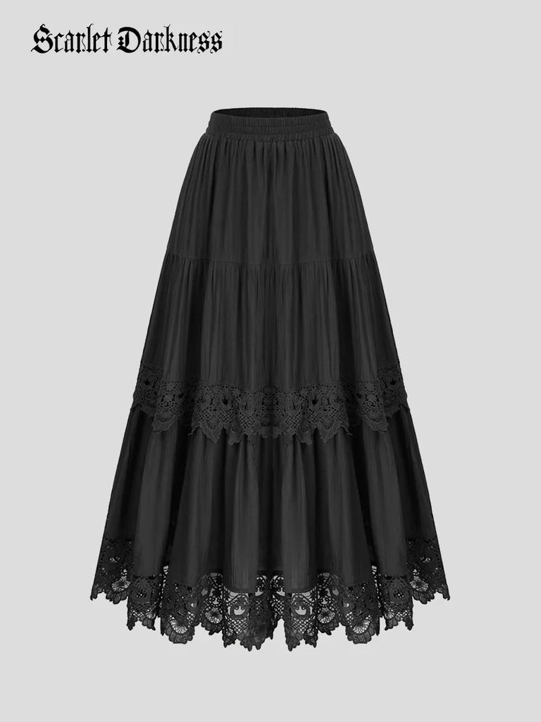 Tiered Skirt Lace Hem Elastic Waist A-Line Skirt