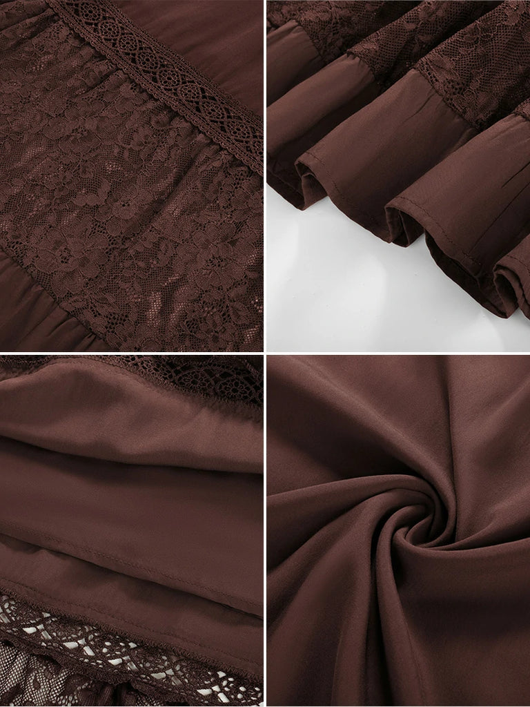 Scarlet Darkness Brown Renaissance Lace Hem Pockets Maxi Dress
