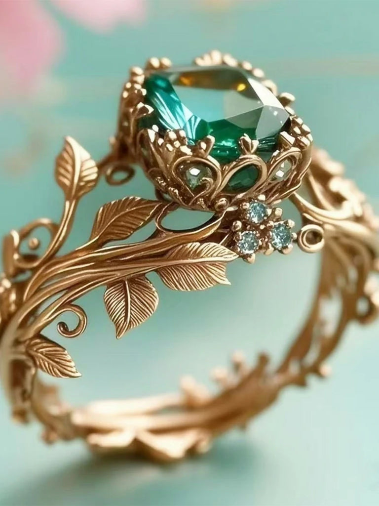 Scarlet Darkness Green Crystal Thorn Leaf Totem Ring Golden