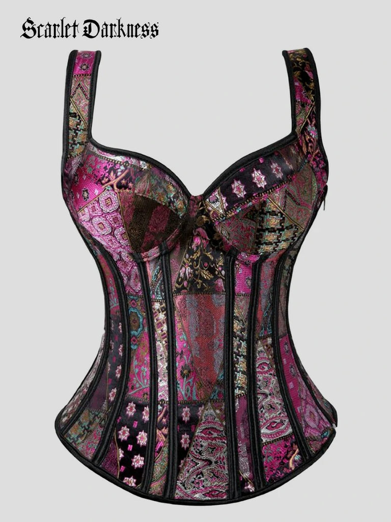 Scarlet Darkness Victorian Vintage Jacquard Wide Strap Witch Corset Purple