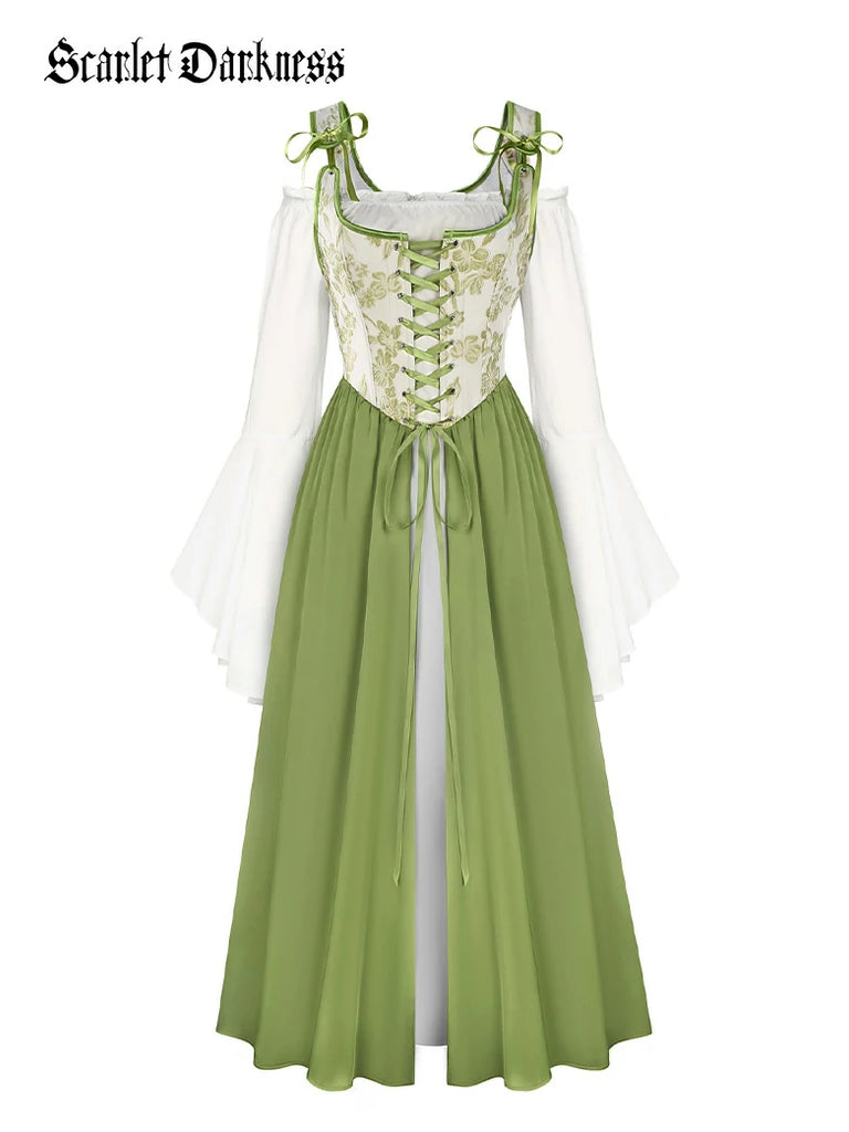 Scarlet Darkness Whimsical Fantasy Jacquard Fairy 2pcs Set Dress Light green