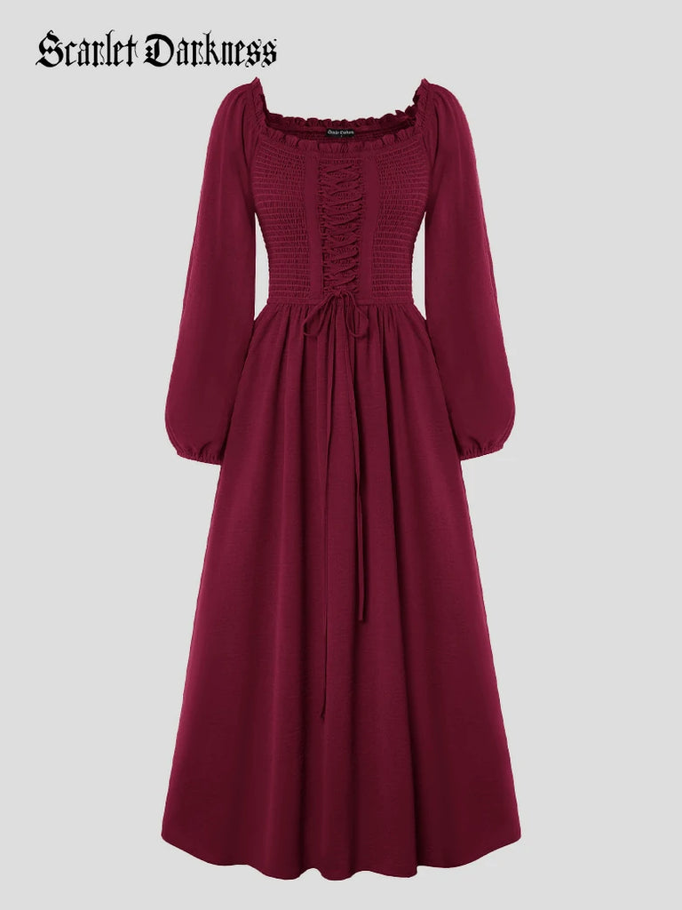 Scarlet Darkness Renaissance Elastic Waist Cross Straps Pockets Dress Red