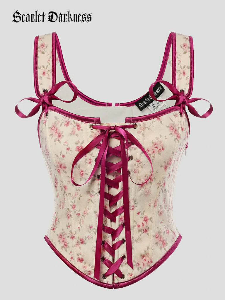 Scarlet Darkness 2026 Botanical Rebirth Renaissance Floral Boned Corset Top Pink