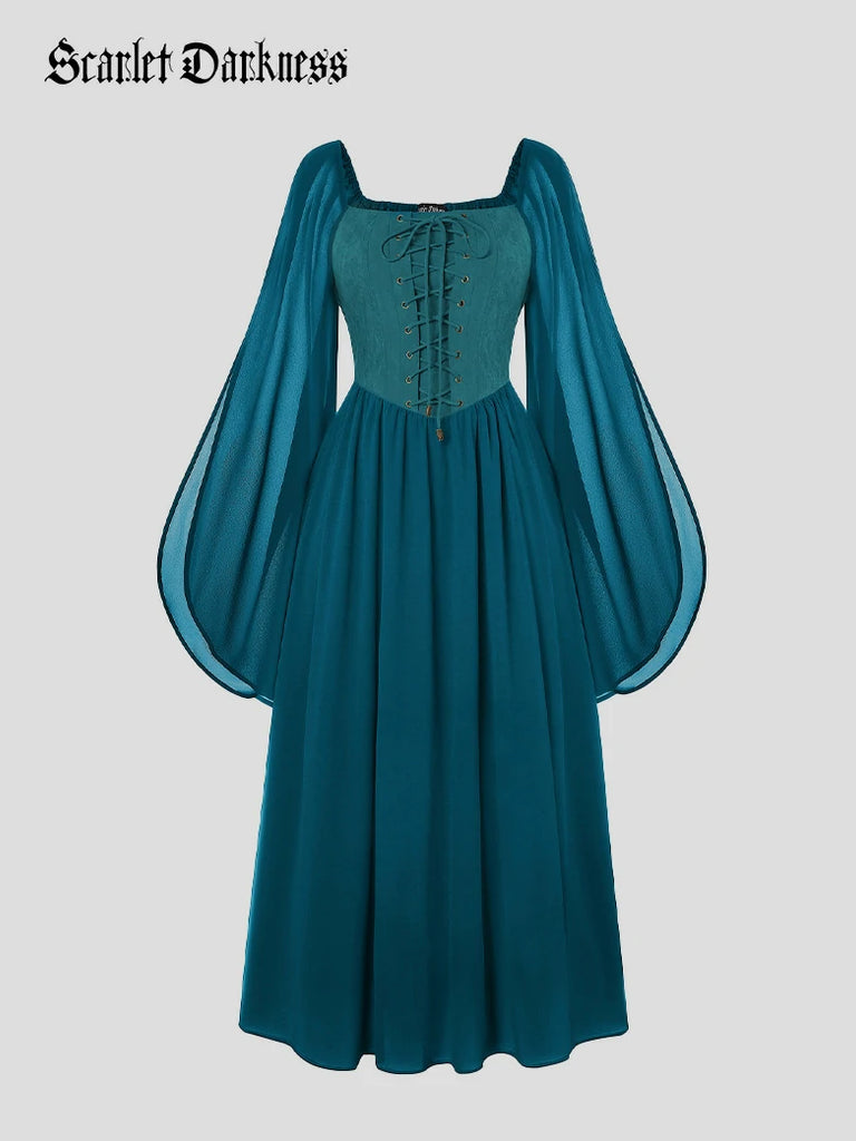 Scarlet Darkness Renaissance Corset Dress Contrast Slit Sleeve Pocket Dress Regal blue