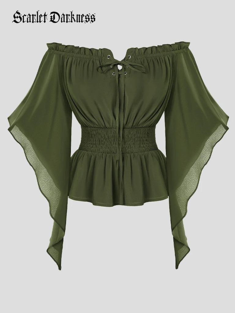 Scarlet Darkness Renaissance Flowing Off-Shoulder Witch Tops Olive green