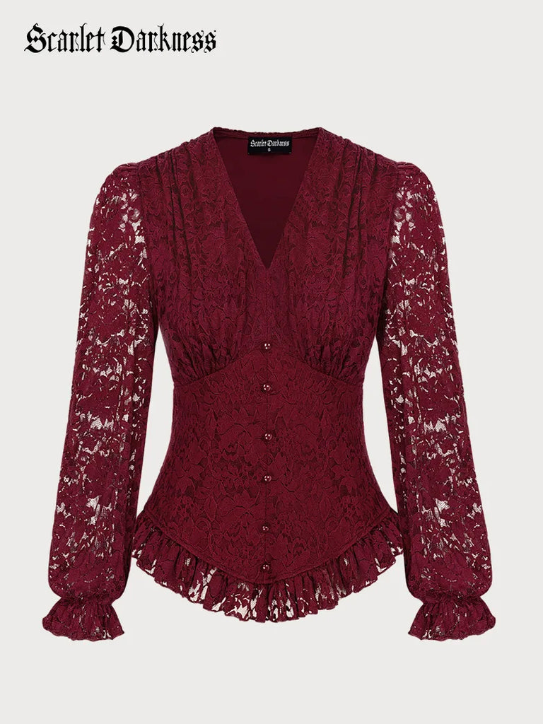 Women Victorian Lace Tops Curved Hem Pullover Tops SCARLET DARKNESS