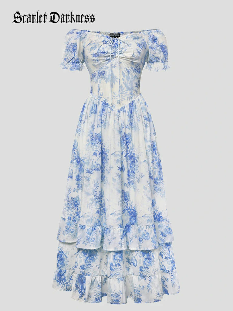 Scarlet Darkness Victoria Off Shoulder Double-Layer Hem Dress with Pockets Light blue