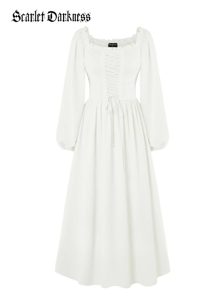 Scarlet Darkness Renaissance Elastic Waist Cross Straps Pockets Dress White