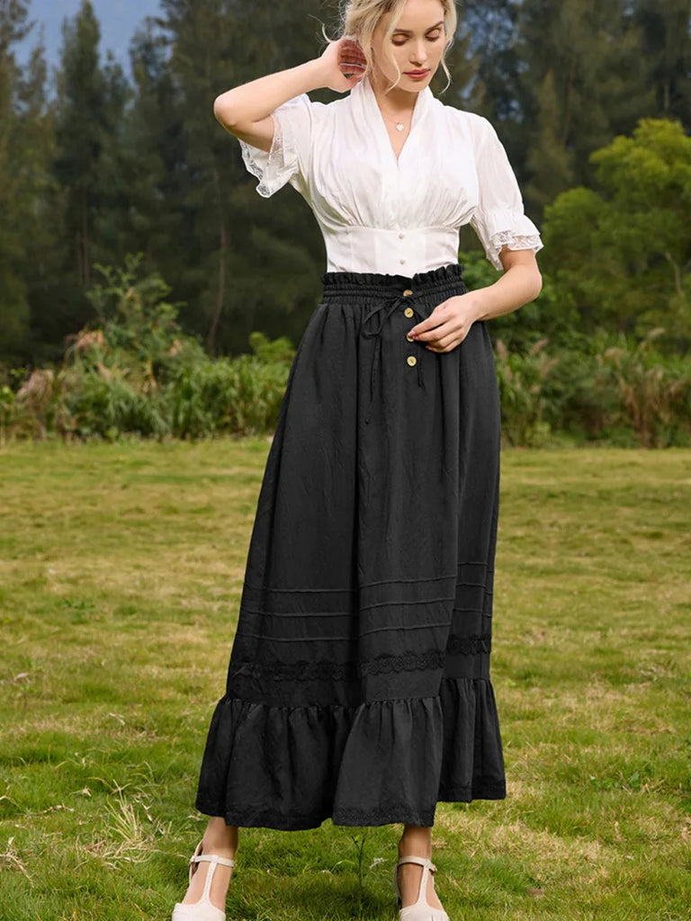 Ruffled Hem Maxi Skirt Elastic Drawstring Waist Skirt SCARLET DARKNESS